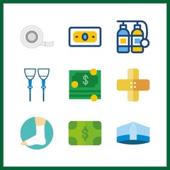 9 aid icon. Vector illustration aid set. oxygen tank and band aid icons for aid works