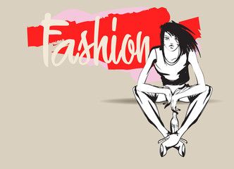 Fashion girl sketch. Fashion illustration. Drawing fashion model