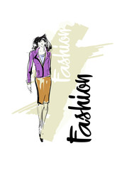 Fashion girl sketch. Fashion illustration. Drawing fashion model
