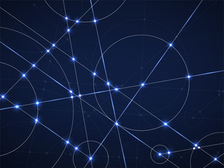 Abstract neon background of engineering drawing. Technological wallpaper made with circles and lines. Geometric design