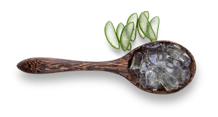 gel aloe vera in wood spoon isolated on white background. top view
