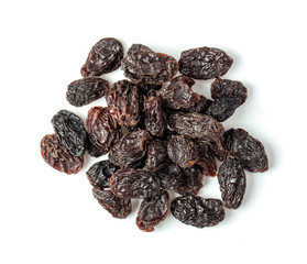 Raisins isolated on white background. top view