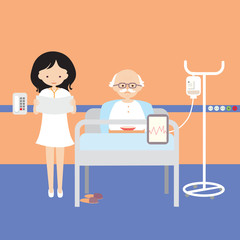 Old man lying in bed at hospital and having an intravenous infusion or injection or artificial nutrition, and woman doctor, vector