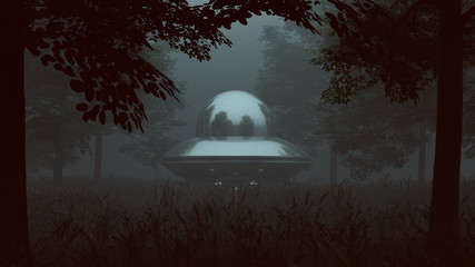 Silver UFO landing in a Grassy Wooded Clearing