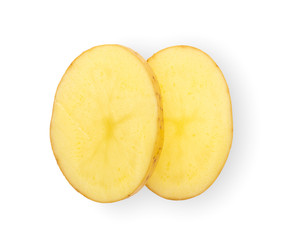 Raw Potato Sliced isolated in white background. top view