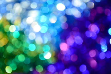 Bokeh. Holiday background. Christmas lights. Glitter. Defocused sparkles. New Year backdrop. Festive wallpaper. Blinks. Carnival. Tinsel. Bokeh retro style photo.