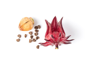Fototapeta premium roselle hibiscus on white background. top view