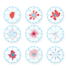 Windrose. Meteorological graphic wind rose chart set, compass rose. Rose of the Wind for scientific materials and infographic design
