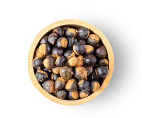 thai chestnuts in wood bowl  isolated on white background. top view