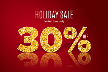 Golden holiday sale 30 percent off on red background. Limited time only. Template for a banner, poster, shopping, discount, invitation