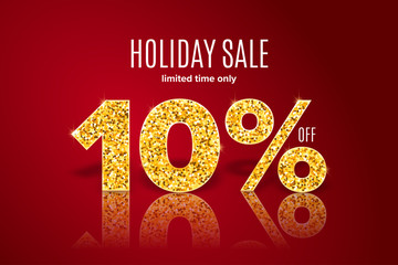 Golden holiday sale 10 percent off on red background. Limited time only. Template for a banner, poster, shopping, discount, invitation