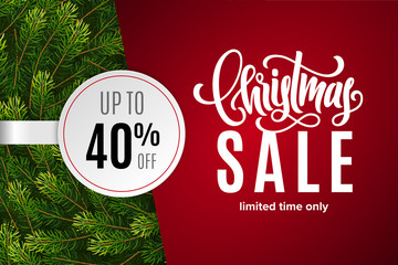 Christmas holiday sale 40 percent off with paper sticker on red background with fir tree branches. Limited time only. Template for a banner, poster, shopping, discount, invitation