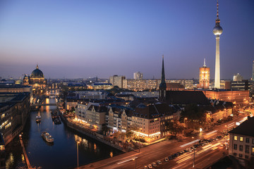 Fototapeta na wymiar Aerial panoramic view of Berlin skyline at dusk