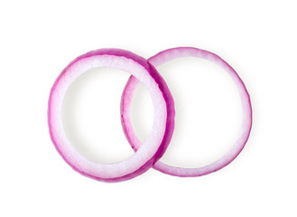 Sliced red onion rings isolated on white background . top view