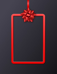 Greeting card with red frame, ribbon and bow on black background. Template for a business card, banner, poster, notebook, invitation