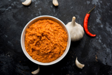 Garlic chutney, made using lahsun/lehsun originating from the India, served in a bowl over moody background. selective focus