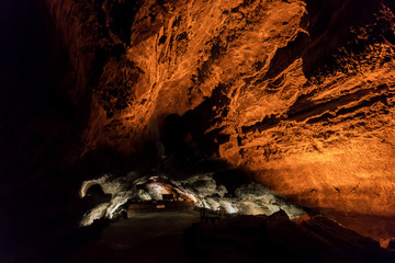 Inside volcanic cave with name Cueva de los Verdes. Lanzarote. Canary Islands. Spain