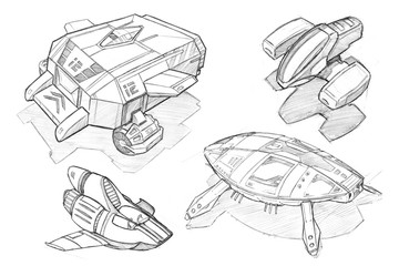 Black and white pencil concept art drawing of set of futuristic or sci-fi spaceships or spacecrafts.