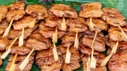 Traditional Thai roasted pork (Moo Ping Thai style ) (selective focus)