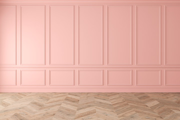 Modern classic pink, rose quartz, pastel, empty interior with wall panels and wooden floor. 3d render illustration mockup. © YKvisual
