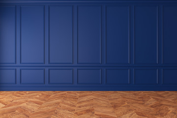 Modern classic royal blue empty interior with wall panels and wooden floor. 3d render illustration mockup.