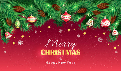 Christmas tree branches with fir-cones, christmas toys, bells, stars, snowflakes on red background with Merry Christmas  Happy New Year text