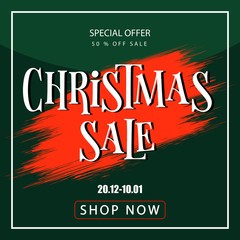 Christmas sale banner on green background. Red blot with text on green background. Christmas sale logo for banners, web pages, brochure layouts, headlines and flyers, design. Vector illustration