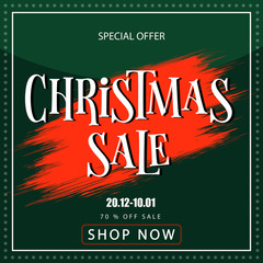 Christmas sale banner on green background. Red blot with text on green background. Christmas sale logo for banners, web pages, brochure layouts, headlines and flyers, design. Vector illustration