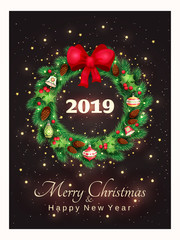Greeting card with a beautiful christmas wreath with decorative green leaves, red berries, christmas toys, bells, cones and a greeting Merry Christmas and Happy New Year text on black background