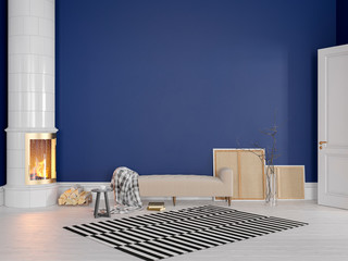 Royal blue scandinavian, classic interior with couch, stove, fireplace, carpet. 3d render illustration mock up.