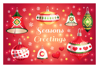 Merry Christmas and Happy New Year card with Seasons Greetings text and decorative elements: christmas toys, bells, snowflakes, stars, hearts
