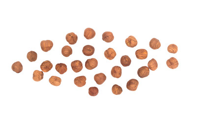 Hazelnut nuts on white background. peeled filbert