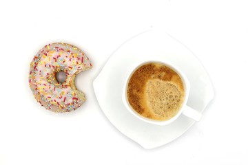 coffee cup and sweet donut on white background. Cozy sweet breakfast 