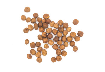 Hazelnut nuts on white background. peeled filbert