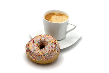 coffee cup and sweet donut on white background. Cozy sweet breakfast 