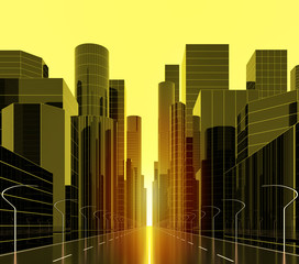 Golden street 3d rendering image.View from the center of the main street of golden city in the morning, the sun is shining bright.