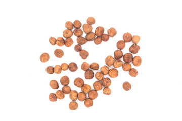 Hazelnut nuts on white background. peeled filbert