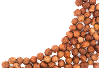 Hazelnut nuts on white background. peeled filbert semicircle