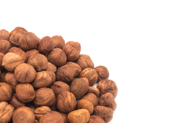 Hazelnut nuts on white background. peeled filbert semicircle