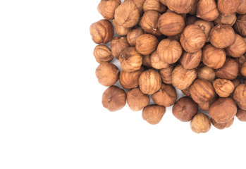 Hazelnut nuts on white background. peeled filbert semicircle