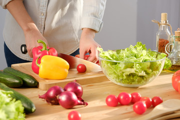Girl cuts fresh tomatoes for a delicious salad. A variety of fresh vegetables on a wooden table.