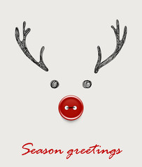 Happy new year 2019 handmade greeting vector card / banner with hand drawn deer and realistic sewing button and Season greetings lettering