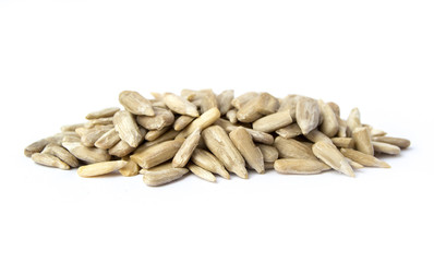 Heap of sunflower seeds kernel isolated on white background
