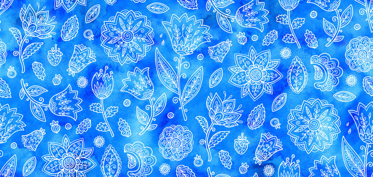 Blue gzhel colors doodle flowers on watercolor background, vector seamless pattern tile