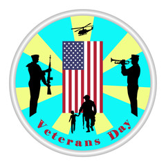 Vector illustration of veterans day sign,  flag, America, military trumpeter, USA, parade.  Honoring all who served. American traditional patriotic celebration.