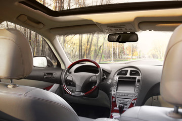 Car interior. View of the interior of a modern automobile showing the dashboard