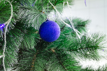 Christmas background Blue shiny ball on the green branch Christmas tree, New Year 2019, Christmas 2019, Selective Focus, Copy Space