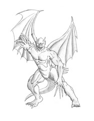 Black and white pencil concept art drawing of winged fantasy demon or evil devil monster with wings, tail, claws and horns.