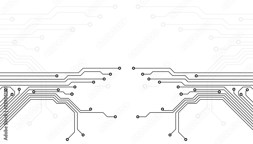 Poster Circuit Board Technology Information Pattern Concept Vector Background. Grayscale Color Abstract PCB Trace Data Infographic Design Illustration.