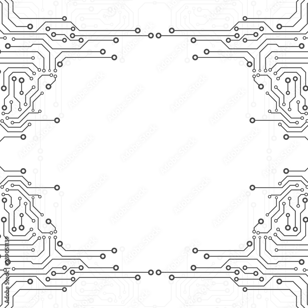 Poster Circuit Board Technology Information Pattern Concept Vector Background. Grayscale Color Abstract PCB Trace Data Infographic Design Illustration.